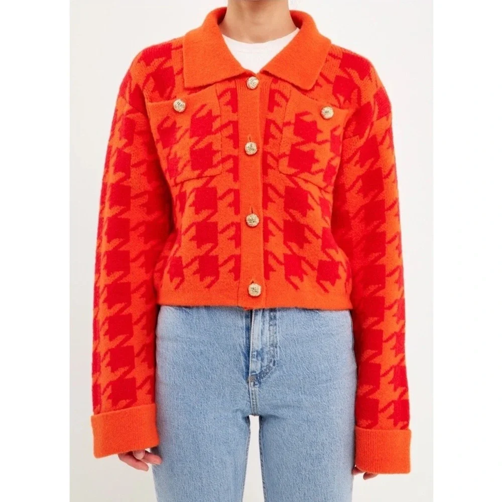 Anthropologie English Factory Houndstooth Cropped Cardigan Sweater Large Org/Red - Picture 1 of 11